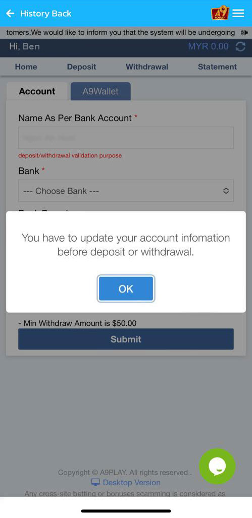 a9today Casino deposit or withdrawal reminder