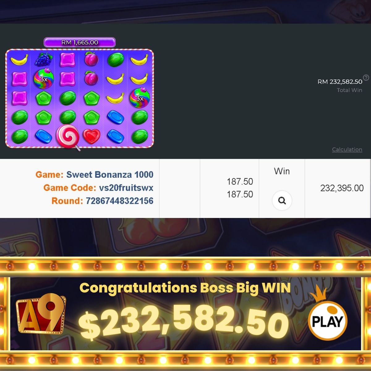 A9today &A9play Casino betting jackpot winner  | Menang besar | Win RM12058 with RM2