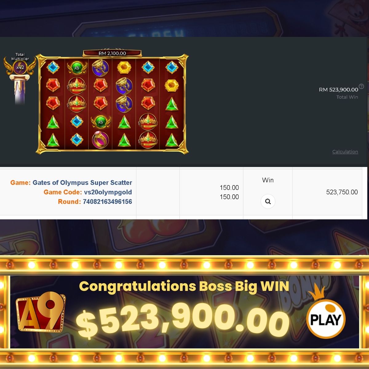 A9today & A9play Casino betting jackpot winner | Menang besar | Win RM3591 with RM27